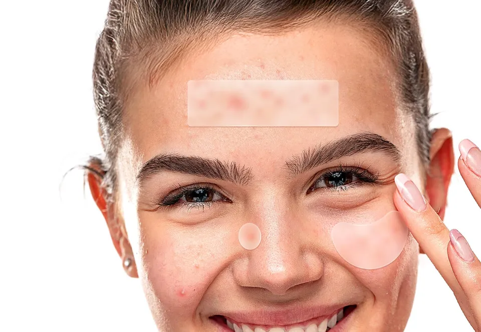 A face with TKTK hydrocolloid patches on the forehead, nose and cheek